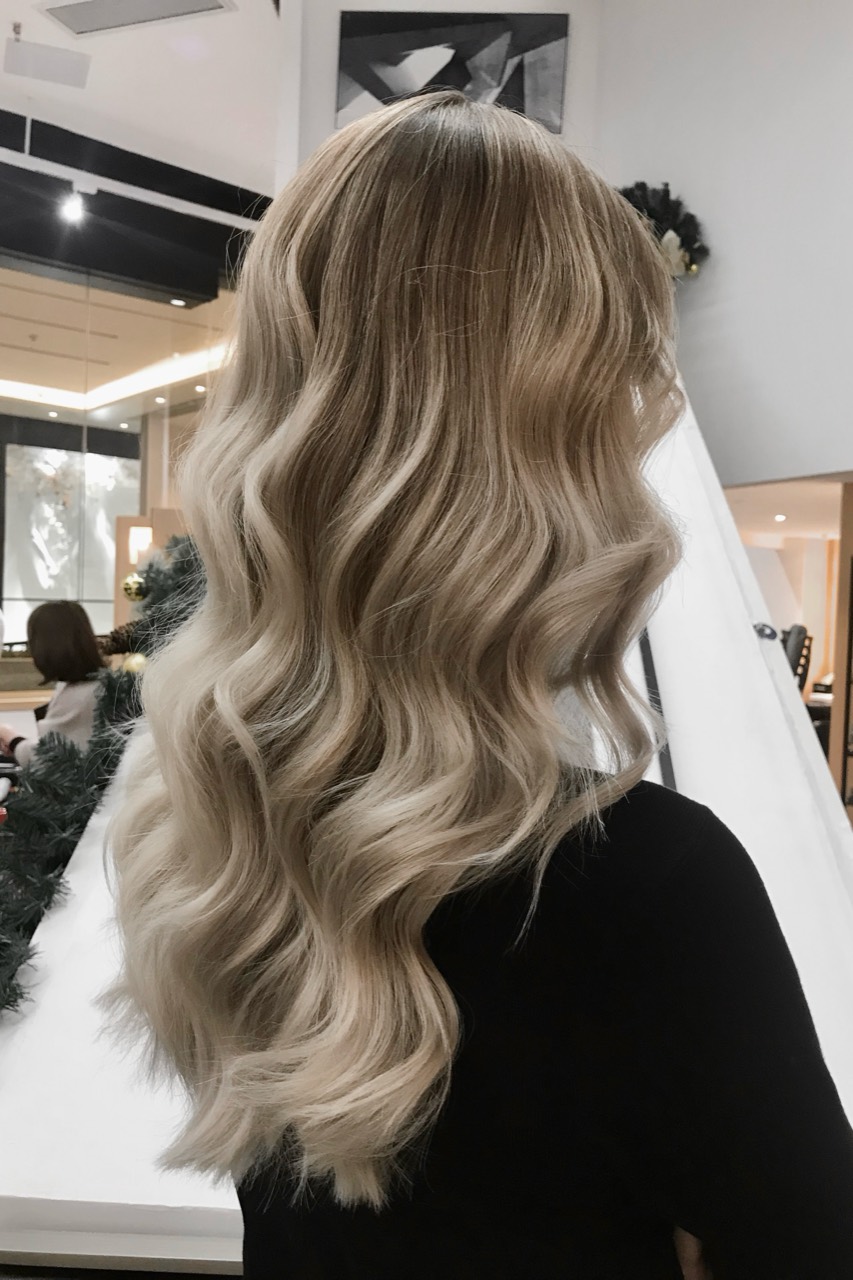 Vanilla blonde balayage on European hair after six months of grow-out